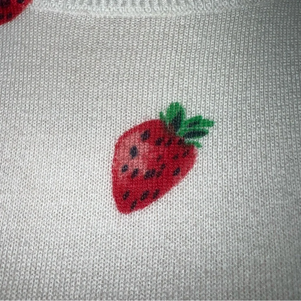 J. Crew Teddie Strawberry Print Cotton Sweater Cream Preppy Red Fruit Graphic L